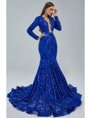 Sparkly Sequin Royal Blue Mermaid Formal Dress with Long Sleeves
