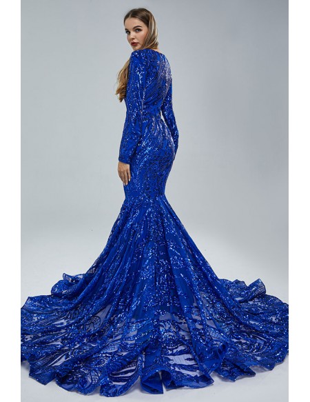 Sparkly Sequin Royal Blue Mermaid Formal Dress with Long Sleeves
