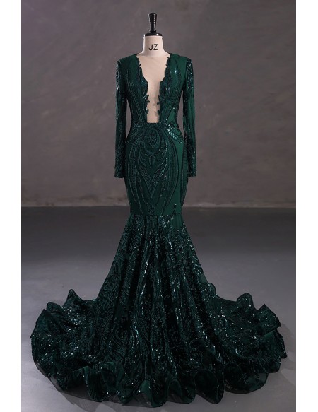 Sparkly Sequin Royal Blue Mermaid Formal Dress with Long Sleeves