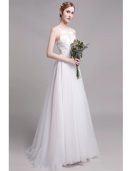 Unique Beaded Lace Long Halter Tulle Wedding Dress Sleeveless with Beadings
