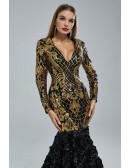 Romantic Flowers Mermaid Long Sleeve Formal Dress with Gold Sequin Top