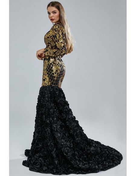 Romantic Flowers Mermaid Long Sleeve Formal Dress with Gold Sequin Top