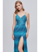 Beautiful Front Slit Pleated Formal Knitted Blue Party Dress