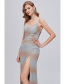 Beautiful Front Slit Pleated Formal Knitted Blue Party Dress