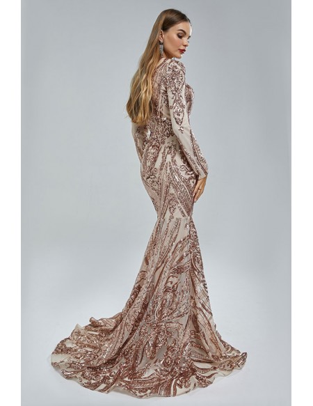 Sparkly All Sequin Long Sleeve Champange Prom Dress with V Neck
