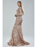 Sparkly All Sequin Long Sleeve Champange Prom Dress with V Neck