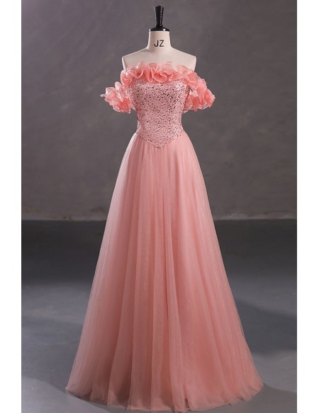 Beautiful Off Shoulder Long Pink Sequin Prom Dress with Ruffle Neckline