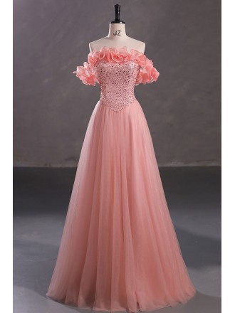 Beautiful Off Shoulder Long Pink Sequin Prom Dress with Ruffle Neckline