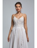 Special Lace Chiffon Long A Line Wedding Dress with Open Back