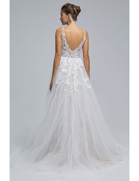 Elegant Applique Lace V Neck Long Tulle Wedding Dress with Sweep Train