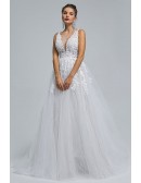 Elegant Applique Lace V Neck Long Tulle Wedding Dress with Sweep Train