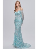 Off Shoulder Special Sequin Lace Blue Prom Dress with Long Sleeves