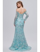 Off Shoulder Special Sequin Lace Blue Prom Dress with Long Sleeves