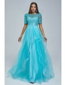 Modest Short Sleeves Aqua Blue Tulle Long Prom Dress with Beading Top