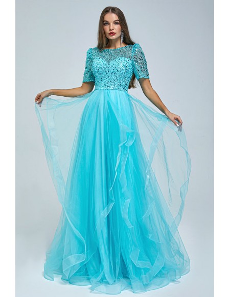 Modest Short Sleeves Aqua Blue Tulle Long Prom Dress with Beading Top # ...