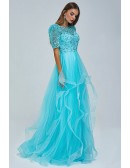 Modest Short Sleeves Aqua Blue Tulle Long Prom Dress with Beading Top