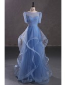 Elegant Modest Short Sleeves Blue Tulle Long Prom Dress with Beading Top