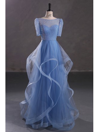 Elegant Modest Short Sleeves Blue Tulle Long Prom Dress with Beading Top