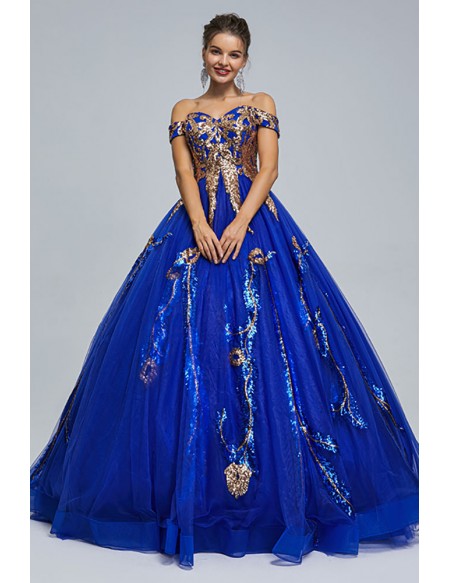 Off Shoulder Royal Blue Tulle Ball Gown Prom Dress with Gold Sequin Applique