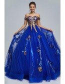 Off Shoulder Royal Blue Tulle Ball Gown Prom Dress with Gold Sequin Applique
