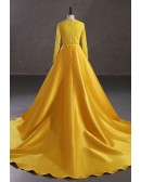 Modest Yellow Long Sleeve Mermaid Formal Party Dress with Detachable Train