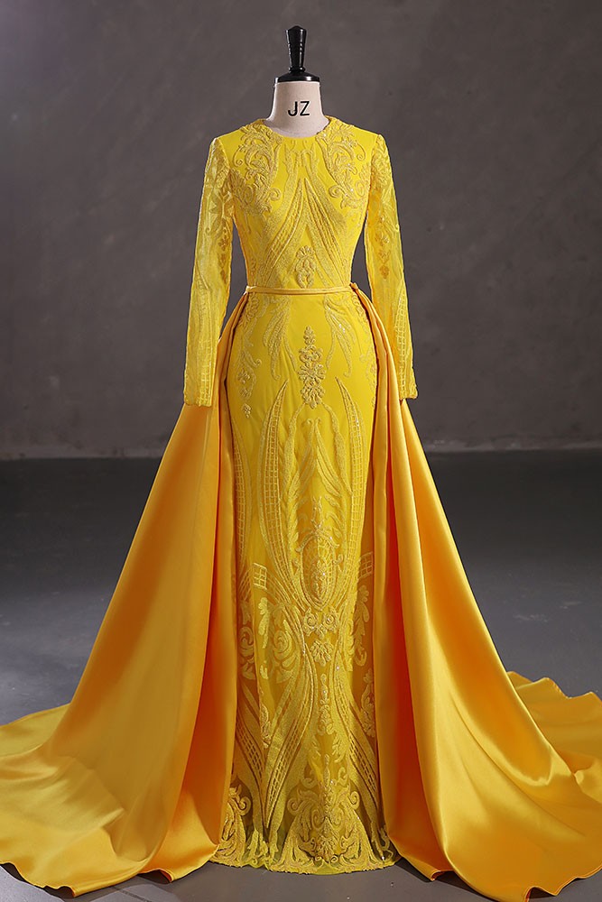 Elegant Light Yellow Mermaid Long Party Dress Wedding Guest Dress, DP4542 main image 0
