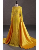 Modest Yellow Long Sleeve Mermaid Formal Party Dress with Detachable Train