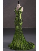 Sparkly Sequin Sleeveless Green Long Prom Dress with Sexy V Neck