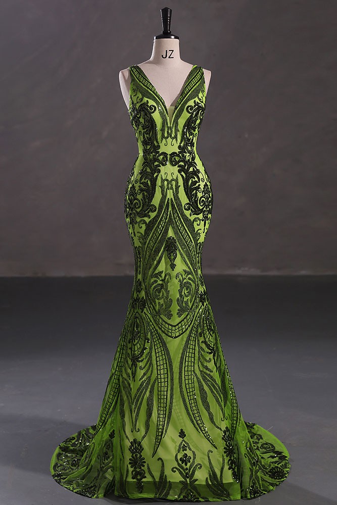 Dark Green Long Sleeves Sequin & Satin A Line Sexy Prom Formal Dress