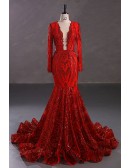 Exaggerated Sparkly Sequin Long Red Mermaid Formal Dress with Sleeves
