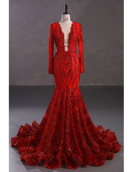 Exaggerated Sparkly Sequin Long Red Mermaid Formal Dress with Sleeves