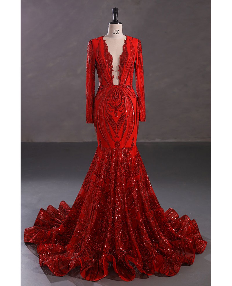 Exaggerated Sparkly Sequin Long Red Mermaid Formal Dress with Sleeves # ...
