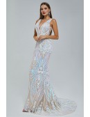 Shining Sexy V Neck Silver Sequin Sleeveless Prom Dress with Mermaid Train