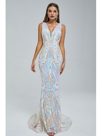 Shining Sexy V Neck Silver Sequin Sleeveless Prom Dress with Mermaid Train