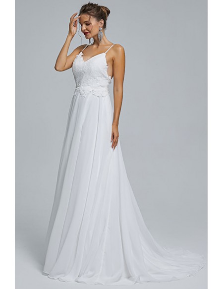 Simple Open Back Chiffon Beach Lace Top Wedding Dress with Spaghatti Straps