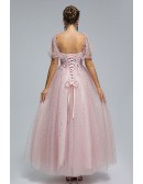 Cute Pink Maxi Sequin Prom Dress with Off Shoulder Neckline