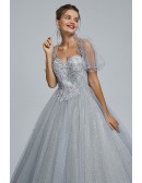 Bling-bling Grey Ball Gown Sequin Prom Dress with Square Neck