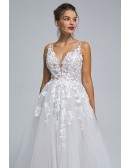 Sexy Deep V Open Back Wedding Dress with Applique Lace
