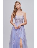 Sexy Exaggerated Open Back Lavender Tulle Lace Prom Dress with Front Slit