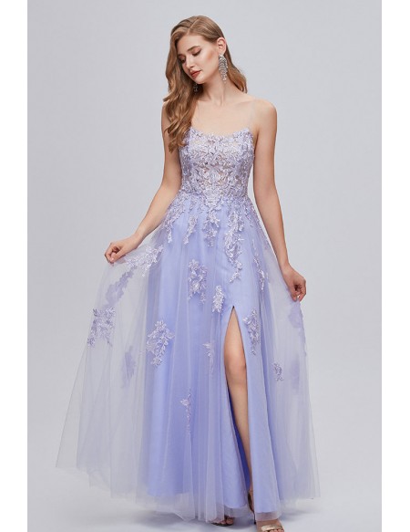 Sexy Exaggerated Open Back Lavender Tulle Lace Prom Dress with Front Slit