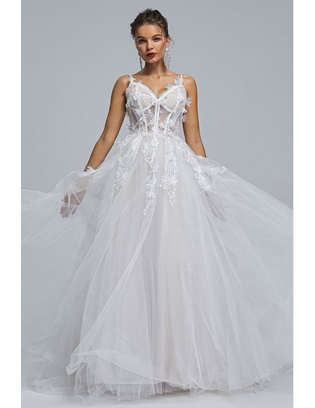 Sexy Sweetheart Tulle Long Train Wedding Dress with Flowers