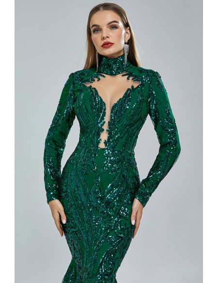 Sparkly All Sequin Dark Green Mermaid Party Dress with High Neck