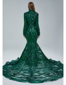 Sparkly All Sequin Dark Green Mermaid Party Dress with High Neck