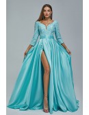 Sexy Split Blue Long Sleeve Lace Sequin Prom Dress with Sweetheart Neck