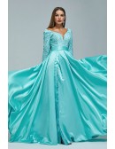 Sexy Split Blue Long Sleeve Lace Sequin Prom Dress with Sweetheart Neck