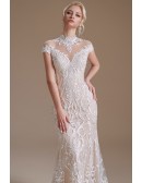 Retro High Neck Full Lace Long Trained Fitted Wedding Dress with Cap Sleeves