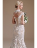 Retro High Neck Full Lace Long Trained Fitted Wedding Dress with Cap Sleeves