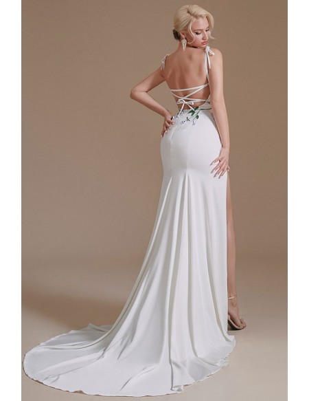 Sexy Fitted Long Slit Trained Wedding Dress with Colored Applique