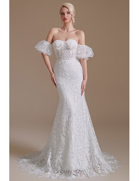 Strapless All Lace Mermaid Wedding Dress with Off Shoulder Bubble Sleeves