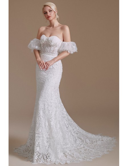 Strapless All Lace Mermaid Wedding Dress with Off Shoulder Bubble Sleeves